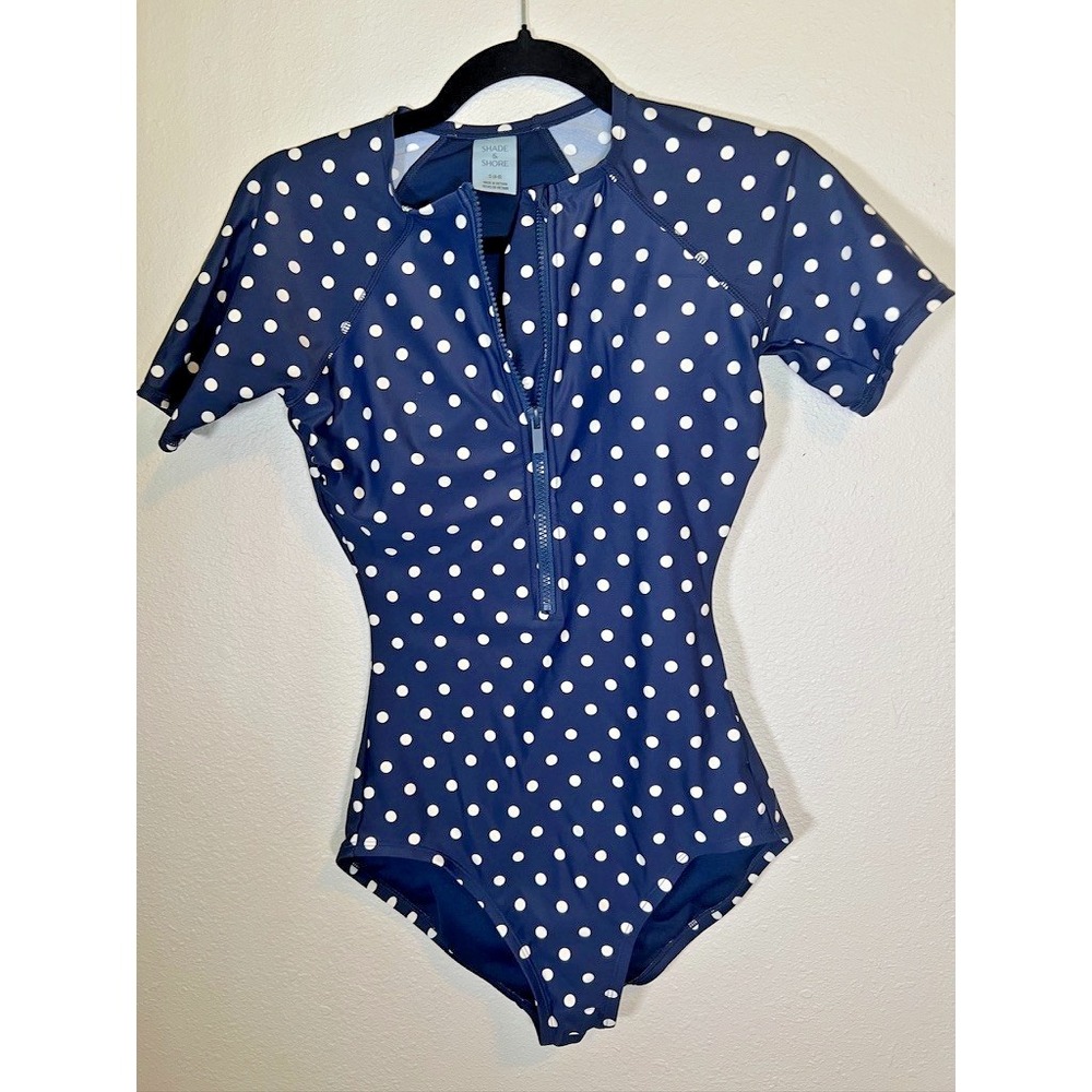 Modest One Piece Swimsuit Shade & Shore S Navy White Polka Dot Front Zip Sporty